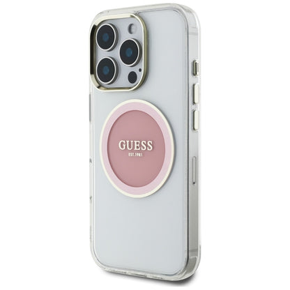 Guess IML Metal Colored Circle Classic Logo MagSafe – dėklas, skirtas iPhone 16 Pro (rožinis)