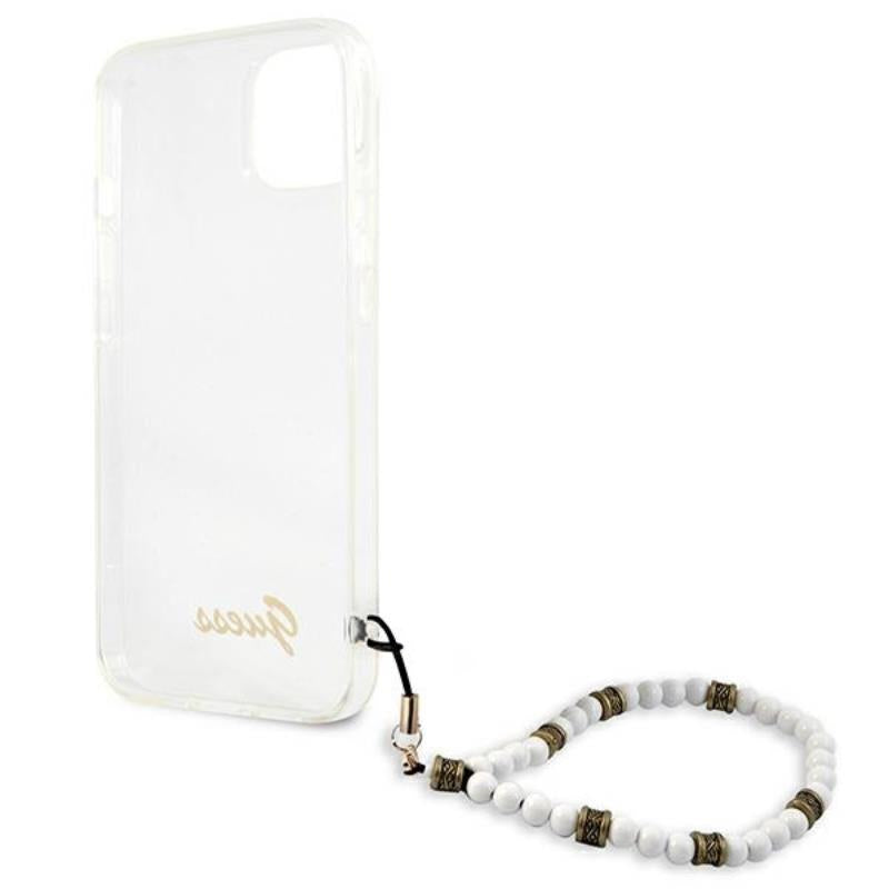 Guess White Pearl Strap - Dėklas iPhone 15 / 14 / 13 (Skaidrus)