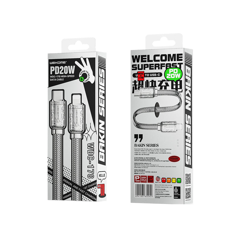 WEKOME WDC-178 Bakin serija – USB-C į Lightning greitojo įkrovimo PD jungties laidas 20W greitasis įkrovimas 1 m (sidabrinis)