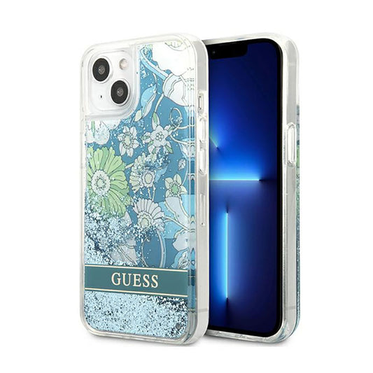 Guess Liquid Glitter Flower – dėklas, skirtas iPhone 13 (mėlyna / žalia)