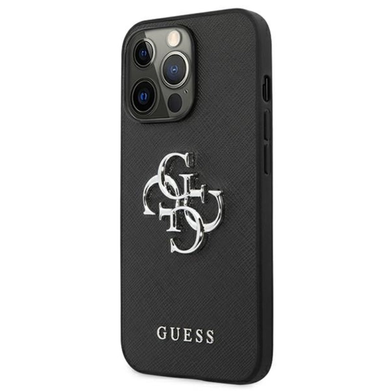 Guess Saffiano 4G Big Silver Logo - dėklas iPhone 13 Pro (juodas)