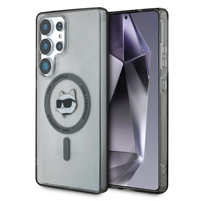Karl Lagerfeld mygtukas Choupette galvos spausdintas logotipas MagSafe – dėklas Samsung Galaxy S25 Ultra (juodas)