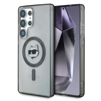 Karl Lagerfeld mygtukas Choupette galvos spausdintas logotipas MagSafe – dėklas Samsung Galaxy S25 Ultra (juodas)
