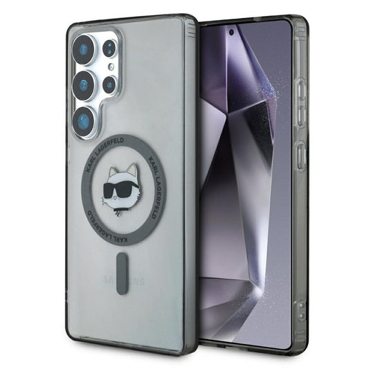 Karl Lagerfeld mygtukas Choupette galvos spausdintas logotipas MagSafe – dėklas Samsung Galaxy S25 Ultra (juodas)
