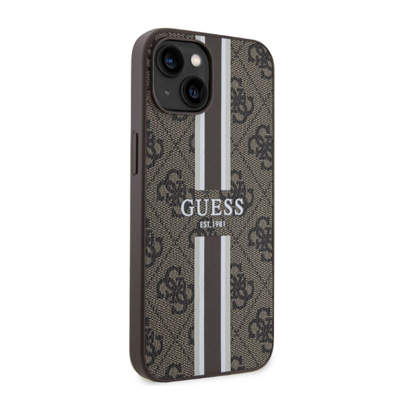 Guess 4G Printed Stripes MagSafe – dėklas iPhone 14 (rudas)