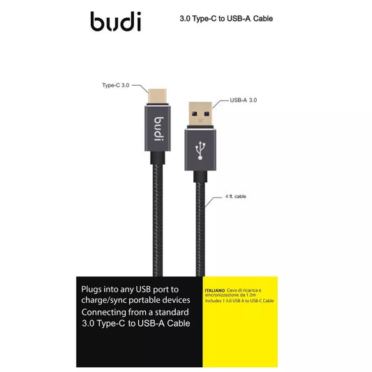 Budi – 3.0 USB-A į USB-C kabelis. Gali praleisti 3.0A srovę. Paauksuota jungtis.