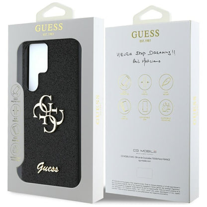 Guess Fixed Glitter Big 4G Metalinis Logotipas – Dėklas, skirtas „Samsung Galaxy S25 Ultra“ (juodas)