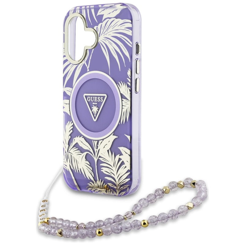 Guess Palm Trees Triangle Pearl Strap MagSafe – Dėklas skirtas iPhone 16 (violetinis)