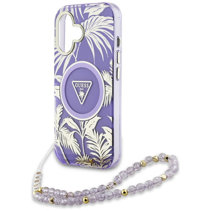Guess Palm Trees Triangle Pearl Strap MagSafe – Dėklas skirtas iPhone 16 (violetinis)