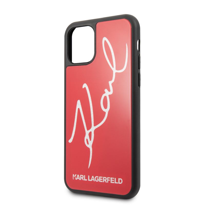 Karl Lagerfeld dvigubo sluoksnio grūdinto stiklo „Signature Glitter“ dėklas, skirtas „iPhone 11 Pro“ (raudonas)