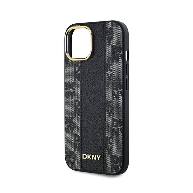 DKNY Leather Checkered Mono Pattern MagSafe – dėklas, skirtas iPhone 15 / 14 / 13 (juodas)