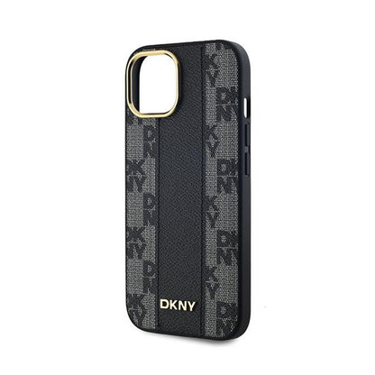 DKNY Leather Checkered Mono Pattern MagSafe – dėklas, skirtas iPhone 15 / 14 / 13 (juodas)