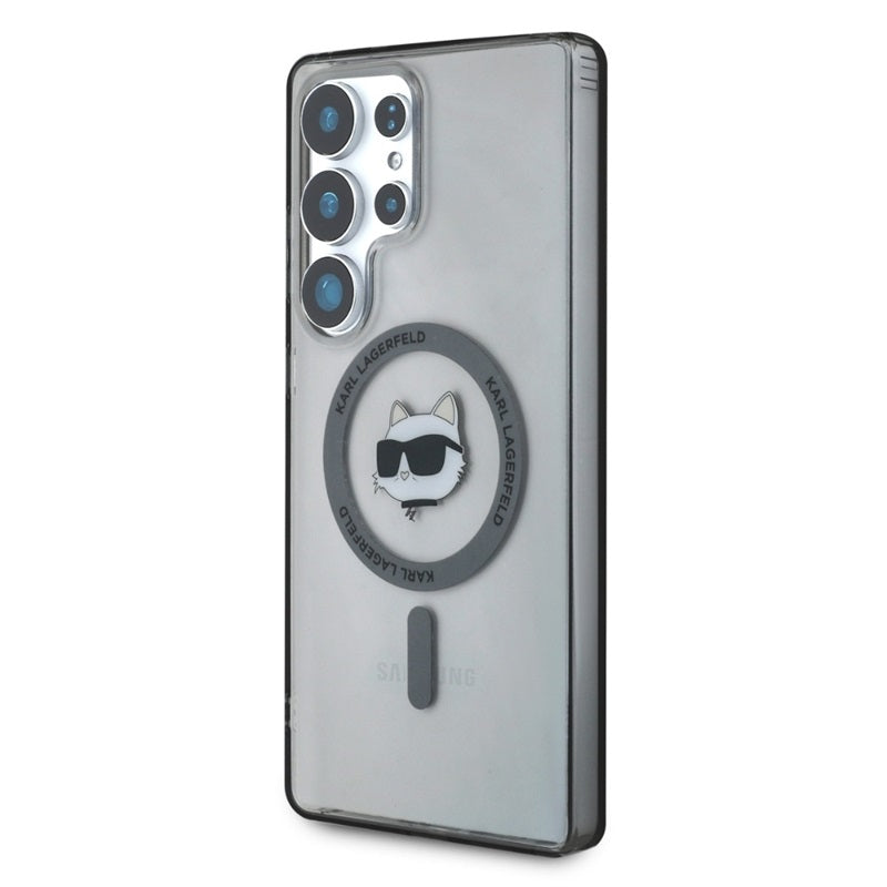 Karl Lagerfeld mygtukas Choupette galvos spausdintas logotipas MagSafe – dėklas Samsung Galaxy S25 Ultra (juodas)