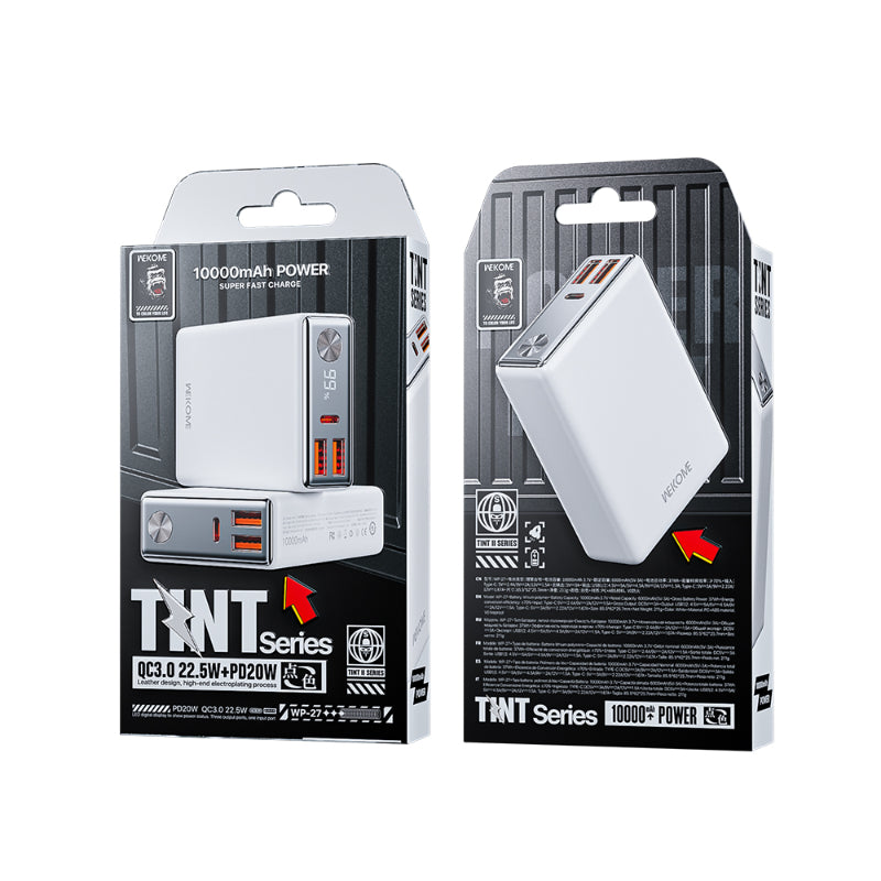 WEKOME WP-27 Tint Series – Išorinė baterija 10000 mAh itin greitas įkrovimas USB-C PD 20W + 2x USB-A QC3.0 22.5W (balta)