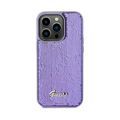 Guess Sequin Script Metal – dėklas, skirtas iPhone 14 Pro (violetinis)