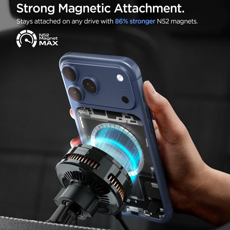 Spigen Essential EV25MFAQ – Magnetinis automobilinis laikiklis su 25W belaidžiu įkrovimu MagSafe Qi2.2 (juodas)