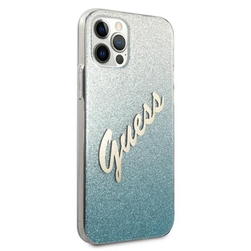 Guess Glitter Gradient Script - dėklas, skirtas iPhone 12 Pro Max (mėlynas)