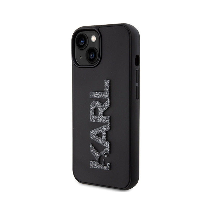 Karl Lagerfeld 3D guminis blizgučių logotipas – dėklas, skirtas iPhone 15 (juodas)
