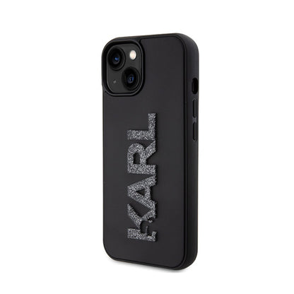 Karl Lagerfeld 3D guminis blizgučių logotipas – dėklas, skirtas iPhone 15 (juodas)