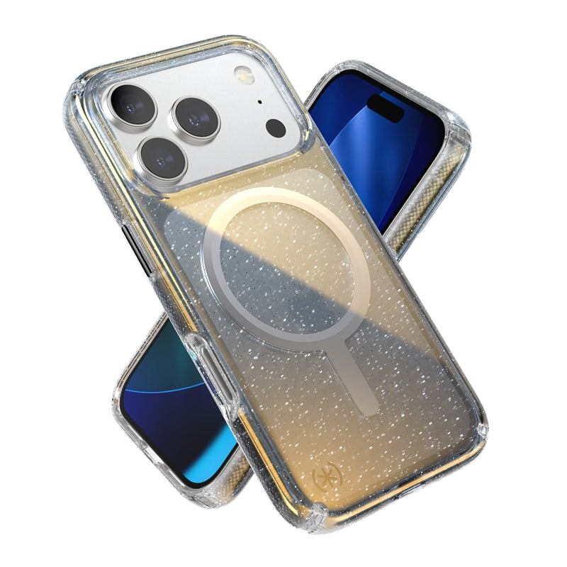 Speck Presidio Lux MagSafe dėklas - iPhone 17 Pro dėklas (Hyper Mirror Glitter / Silver Metallic)