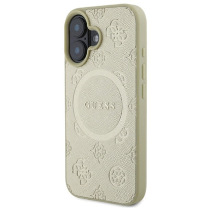 Guess Saffiano Peony Classic Logo MagSafe - dėklas skirtas iPhone 16 (auksinis)