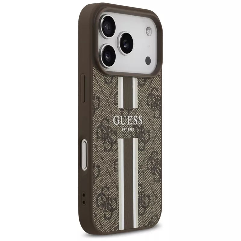 Guess 4G Spausdintos Juostelės MagSafe dėklas iPhone 17 Pro (rudas)