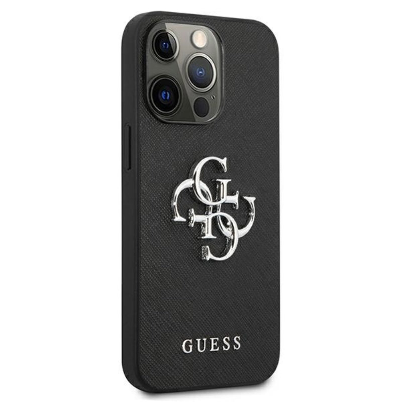 Guess Saffiano 4G Big Silver Logo - dėklas iPhone 13 Pro (juodas)