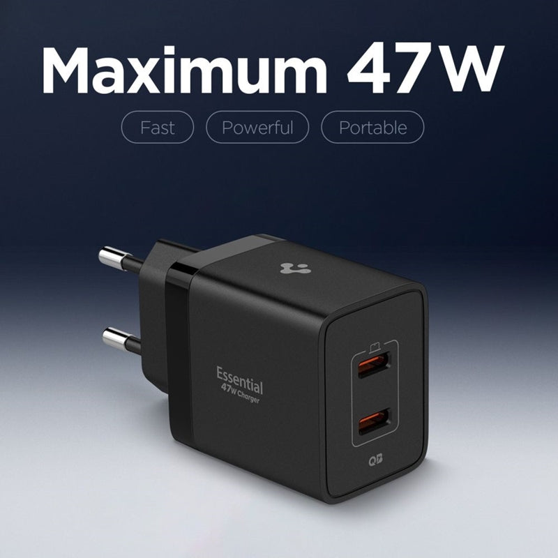 Spigen Essential EE472EU GaN Pro - Sieninis įkroviklis 2x USB-C 47W (Juodas)
