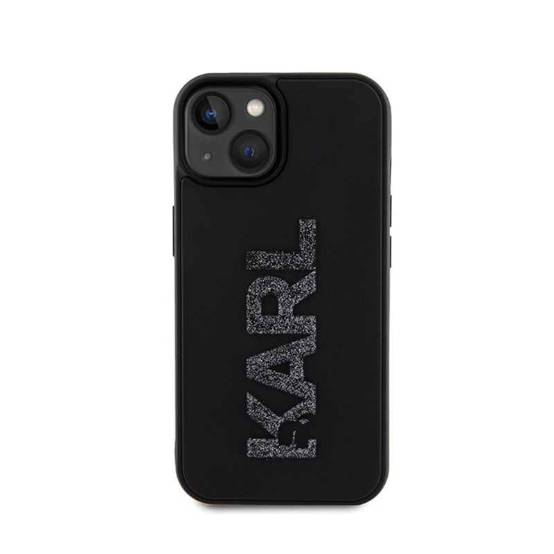 Karl Lagerfeld 3D guminis blizgučių logotipas – dėklas, skirtas iPhone 15 (juodas)