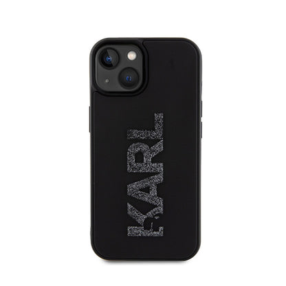 Karl Lagerfeld 3D guminis blizgučių logotipas – dėklas, skirtas iPhone 15 (juodas)