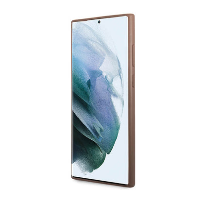 Guess 4G Metal Logo – dėklas, skirtas „Samsung Galaxy S23 Ultra“ (rudas)