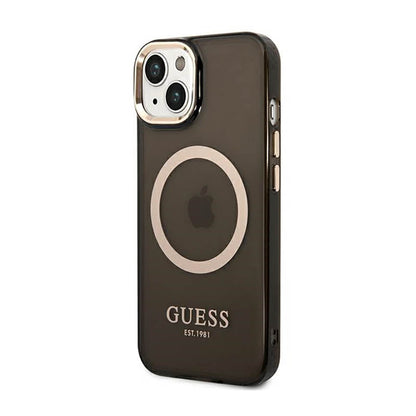 Guess Gold Outline Translucent MagSafe – „iPhone 14 Plus“ dėklas (juodas)