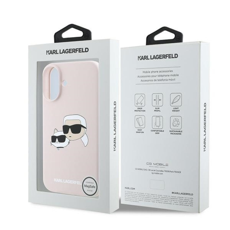Karl Lagerfeld Silicone Double Heads Print MagSafe – iPhone 16 Plus dėklas (rožinis)