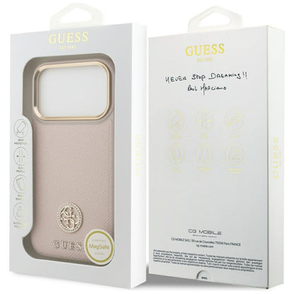 Guess Grūdėtas Strass Logotipas MagSafe dėklas iPhone 17 Pro (rožinis)