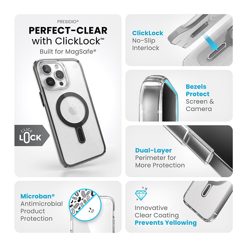 Speck Presidio Perfect-Clear ClickLock & Magsafe – dėklas iPhone 15 Pro Max (skaidrus / matinė juoda / skalūno pilka)