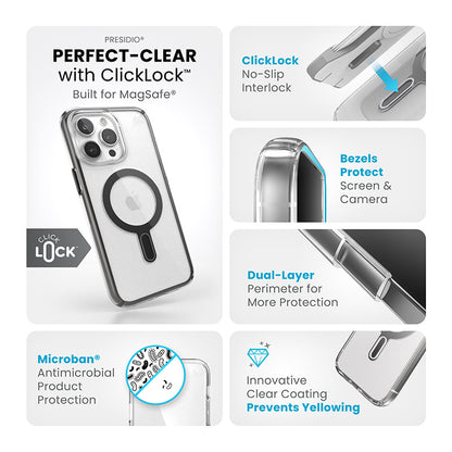 Speck Presidio Perfect-Clear ClickLock & Magsafe – dėklas iPhone 15 Pro Max (skaidrus / matinė juoda / skalūno pilka)