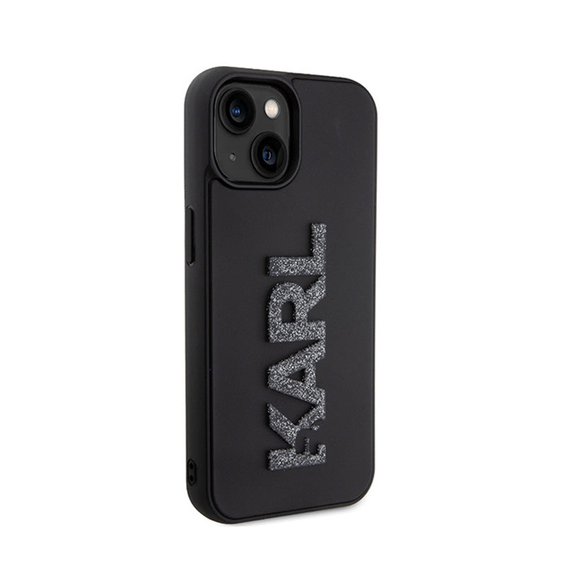 Karl Lagerfeld 3D guminis blizgučių logotipas – dėklas, skirtas iPhone 15 (juodas)
