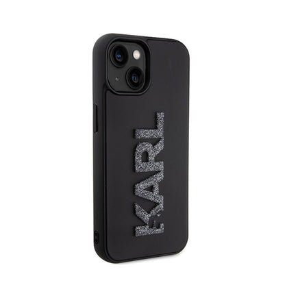Karl Lagerfeld 3D guminis blizgučių logotipas – dėklas, skirtas iPhone 15 (juodas)