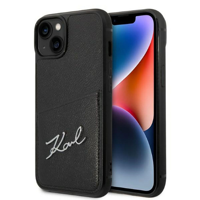 Karl Lagerfeld Dėklas su parašo logotipu ir kortelių lizdu, skirtas iPhone 14 Plus (Juodas)