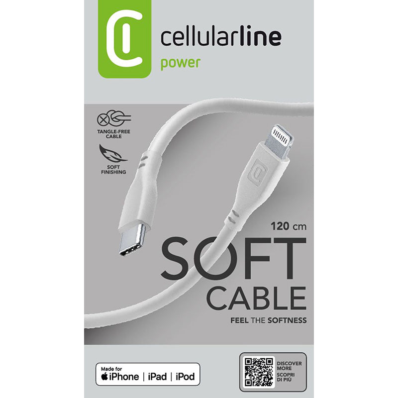 Cellularline Soft Cable – USB-C į Lightning kabelis su MFi sertifikatu, 1,2 m (pilkas)