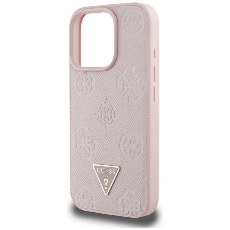 Guess Grained Hot Stamp Peony Triangle Logo MagSafe – dėklas, skirtas iPhone 16 Pro (rožinis)