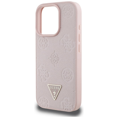 Guess Grained Hot Stamp Peony Triangle Logo MagSafe – dėklas, skirtas iPhone 16 Pro (rožinis)