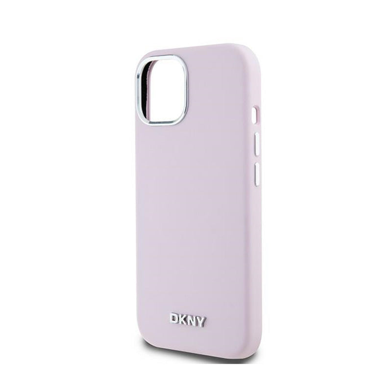 DKNY Liquid Silicone Small Metal Logo MagSafe – dėklas, skirtas iPhone 15 Plus / 14 Plus (rožinė)