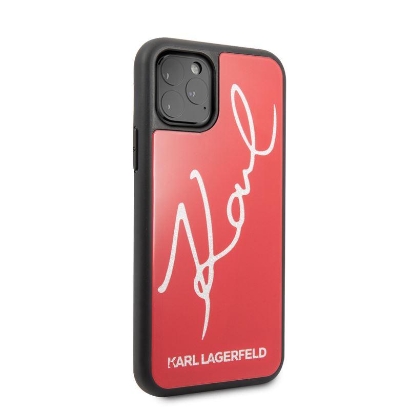 Karl Lagerfeld dvigubo sluoksnio grūdinto stiklo „Signature Glitter“ dėklas, skirtas „iPhone 11 Pro“ (raudonas)