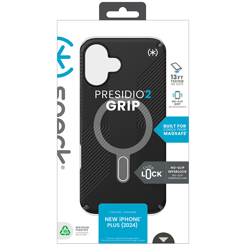 Speck Presidio2 Grip ClickLock & MagSafe – dėklas, skirtas iPhone 16 Plus (Juoda / Skalūno pilka / Balta)