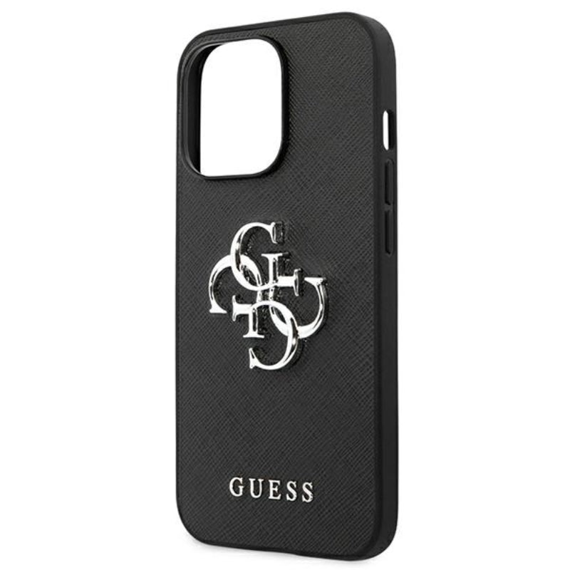 Guess Saffiano 4G Big Silver Logo - dėklas iPhone 13 Pro (juodas)
