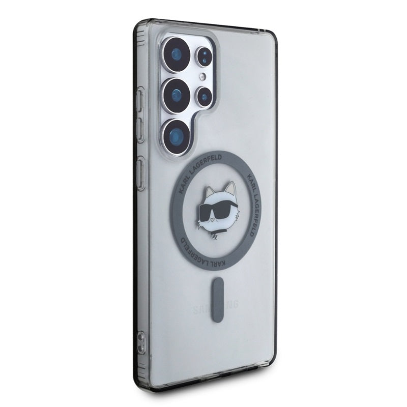 Karl Lagerfeld mygtukas Choupette galvos spausdintas logotipas MagSafe – dėklas Samsung Galaxy S25 Ultra (juodas)