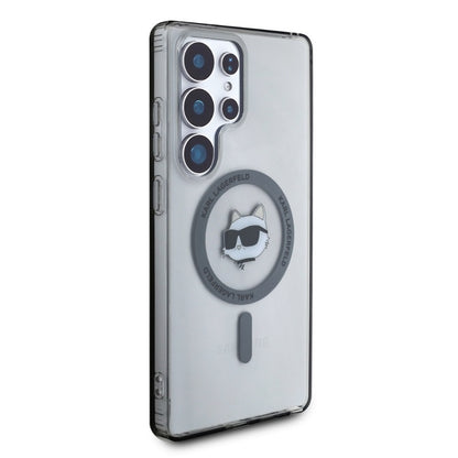 Karl Lagerfeld mygtukas Choupette galvos spausdintas logotipas MagSafe – dėklas Samsung Galaxy S25 Ultra (juodas)