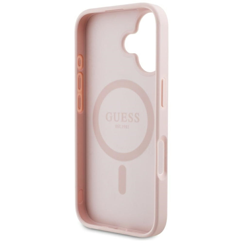 Guess Grained Hot Stamp Peony Triangle Logo MagSafe - „iPhone 16“ dėklas (rožinis)