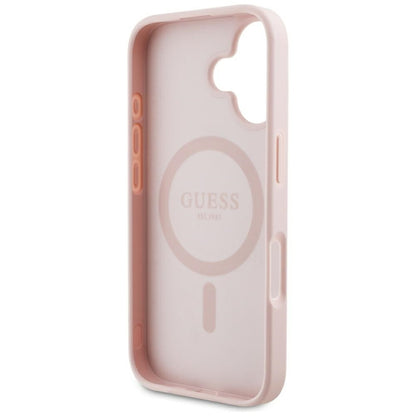 Guess Grained Hot Stamp Peony Triangle Logo MagSafe - „iPhone 16“ dėklas (rožinis)